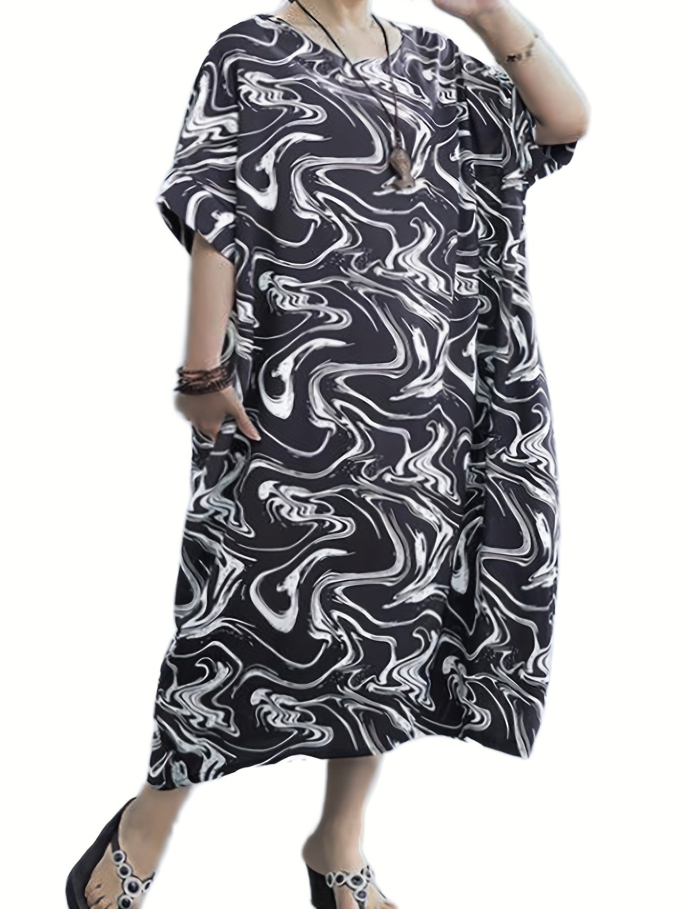  Casual Dress Women's Plus Random Print Short Sleeve Round Neck Loose