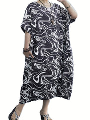  Casual Dress Women's Plus Random Print Short Sleeve Round Neck Loose