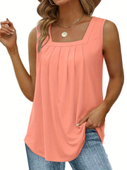  Solid Square Neck Pleated Stretch Tank Top