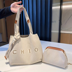 Striped Pattern Shoulder Bag Vintage Knitted Tote Bag