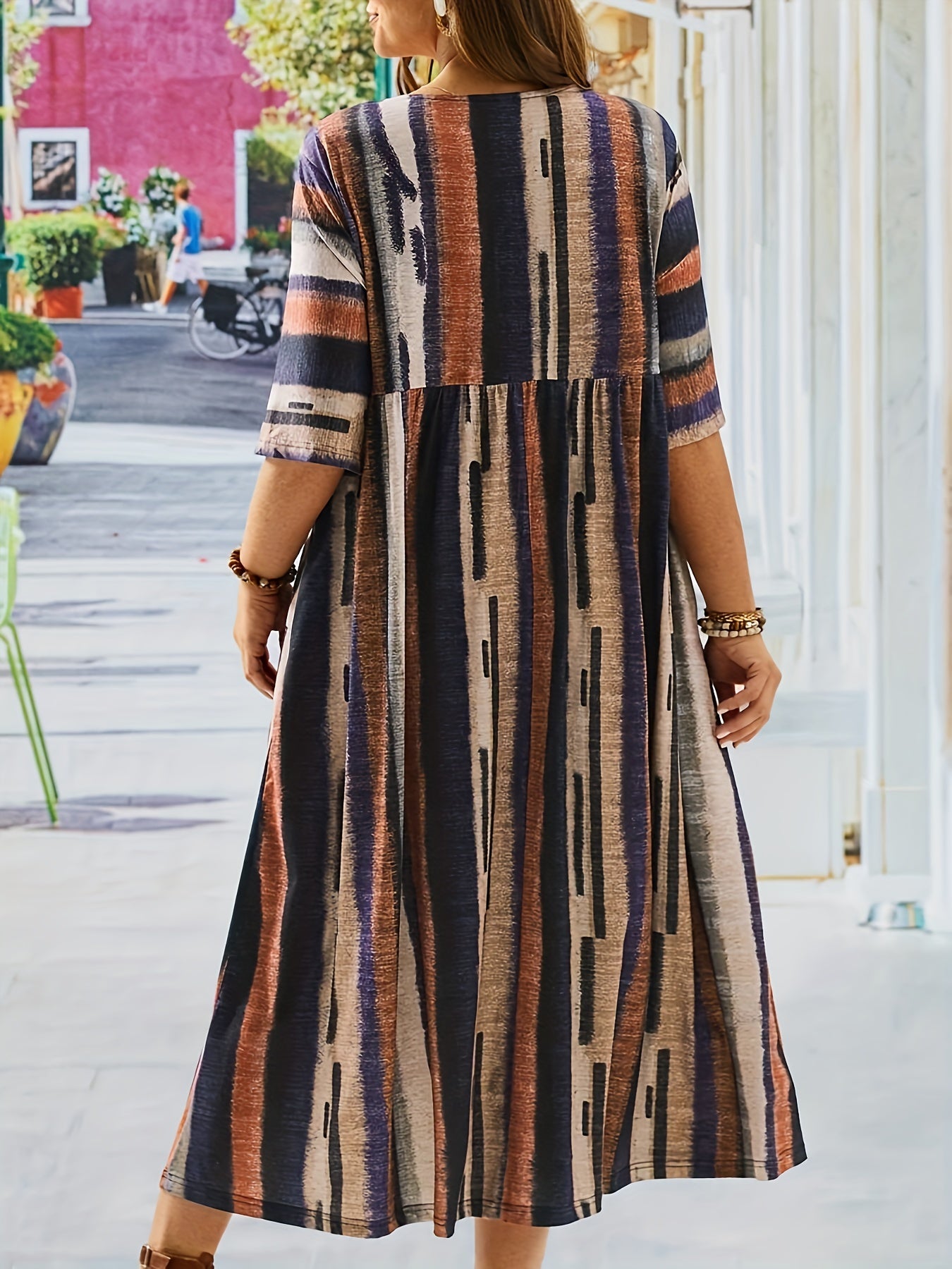 Women's Plus Stripe Print Button Decor Casual Dress