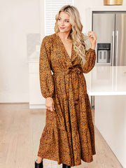  Leopard Print Lantern Sleeve Maxi Dress
