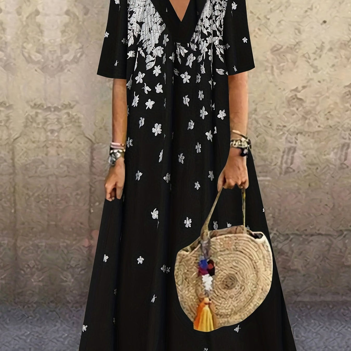 Women's Plus Floral Print V Neck Maxi Dress