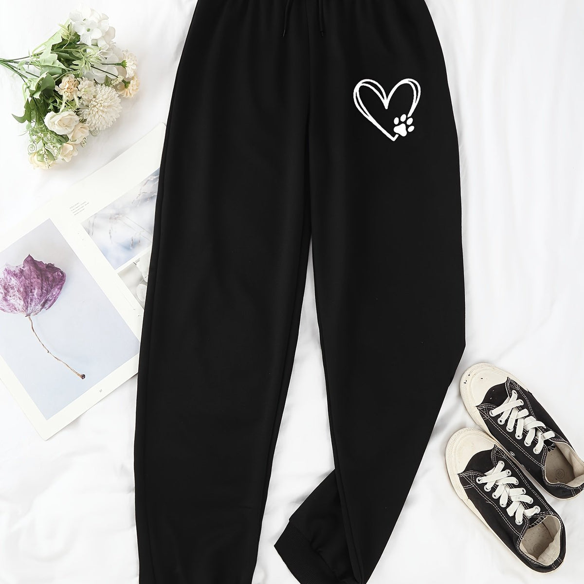 Heart & Paw Print High Waist Pants Casual Elastic Waist Pants