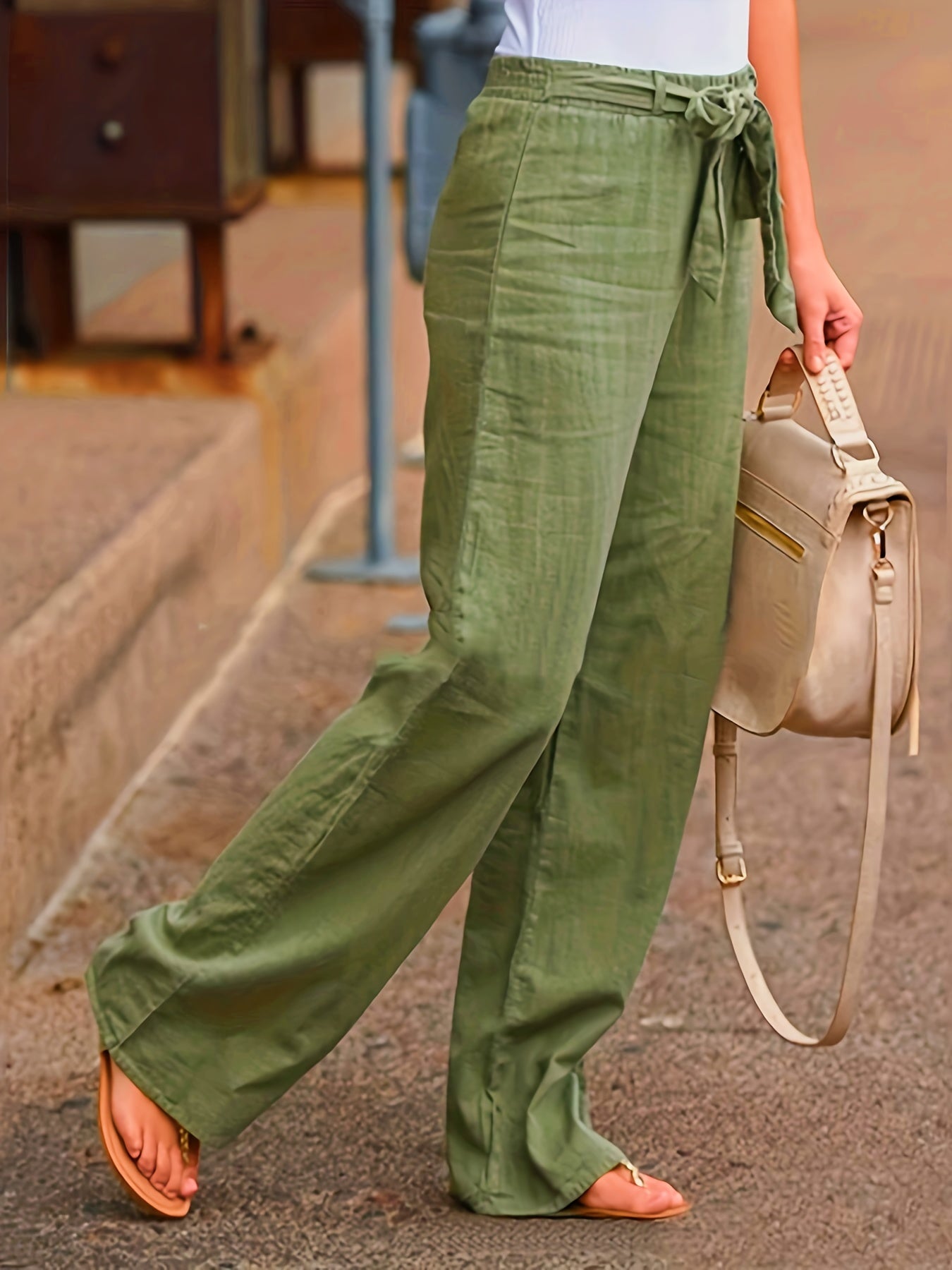  Women's Elastic Waist Straight Leg Pants With Belt