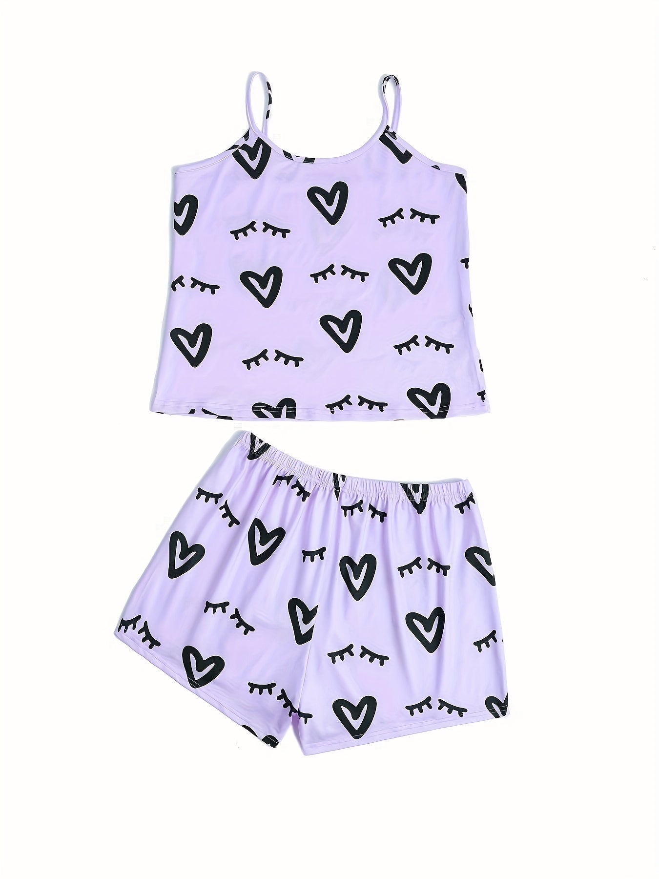 Heart Print Lounge Set Cami Top & Shorts Women's Loungewear