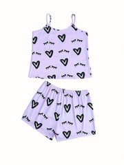 Heart Print Lounge Set Cami Top & Shorts Women's Loungewear