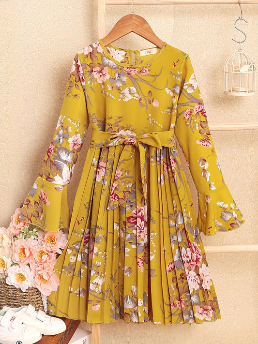 Girl Floral Print Long Sleeved Ruffle Dress with Butterfly Tie