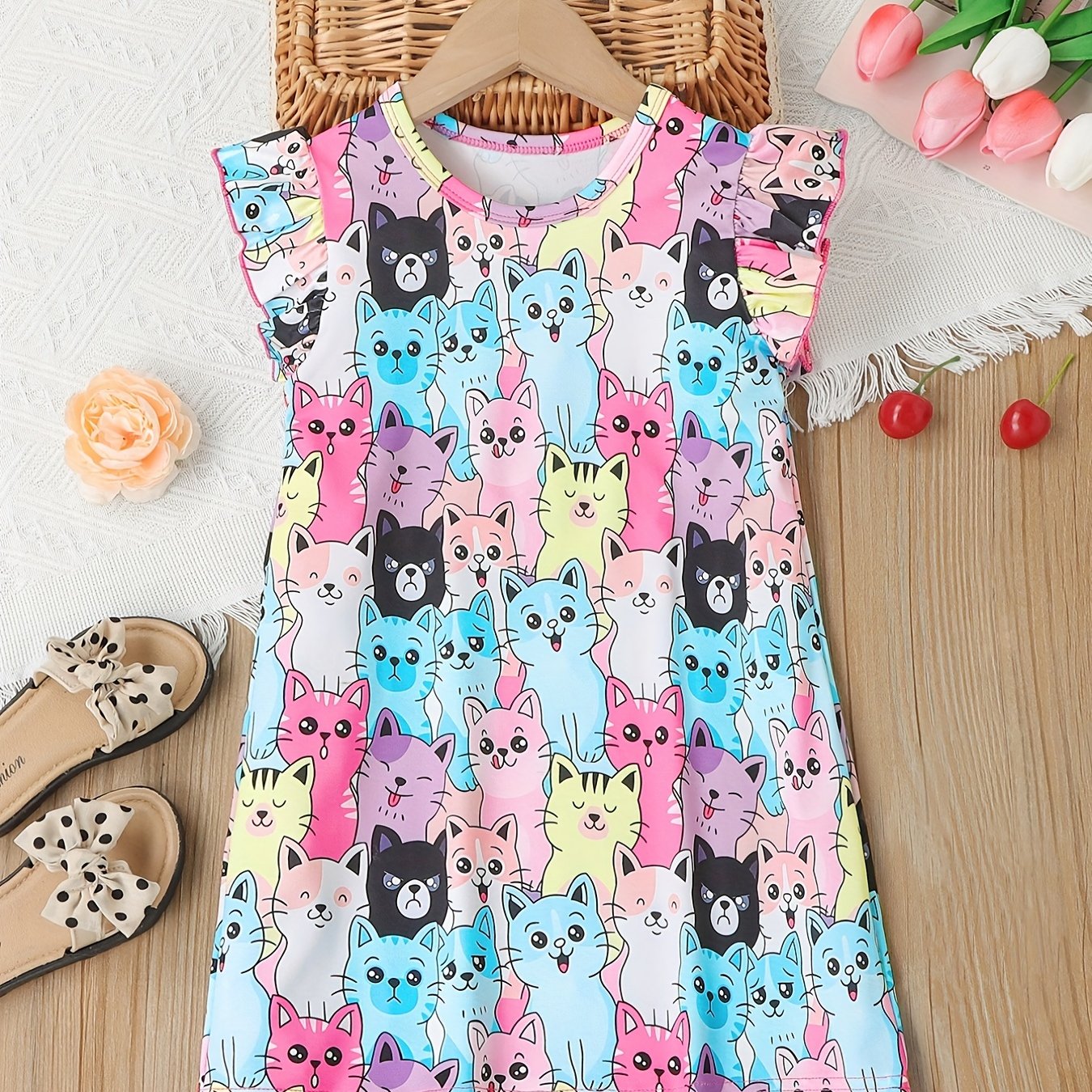 Girls Cat Pattern Flying Sleeve Round Neck Casual Vacation Dress