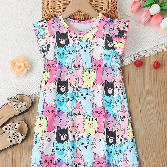 Girls Cat Pattern Flying Sleeve Round Neck Casual Vacation Dress