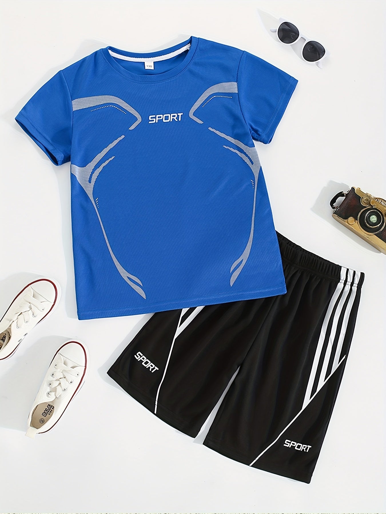 2pcs Boys Sport Outfit Short Sleeves Round Neck T shirt & Shorts Casual