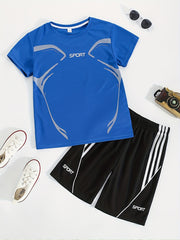 2pcs Boys Sport Outfit Short Sleeves Round Neck T shirt & Shorts Casual