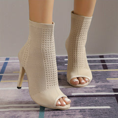 Women's Peep Toe Sock Boots Slip On Knit Stiletto Heels Ankle Boots