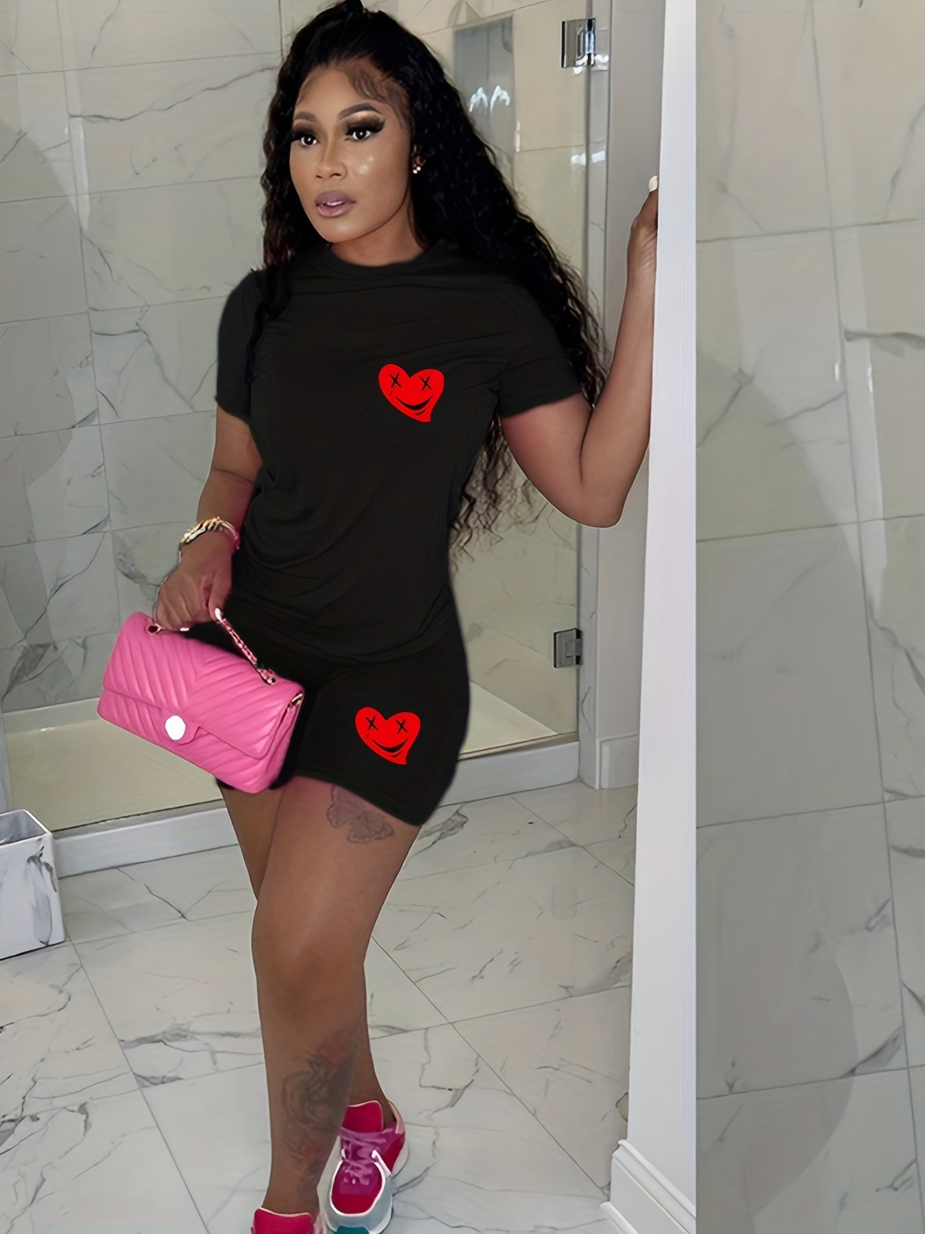 Heart Print Two piece Set Casual T shirt & Sporty Short