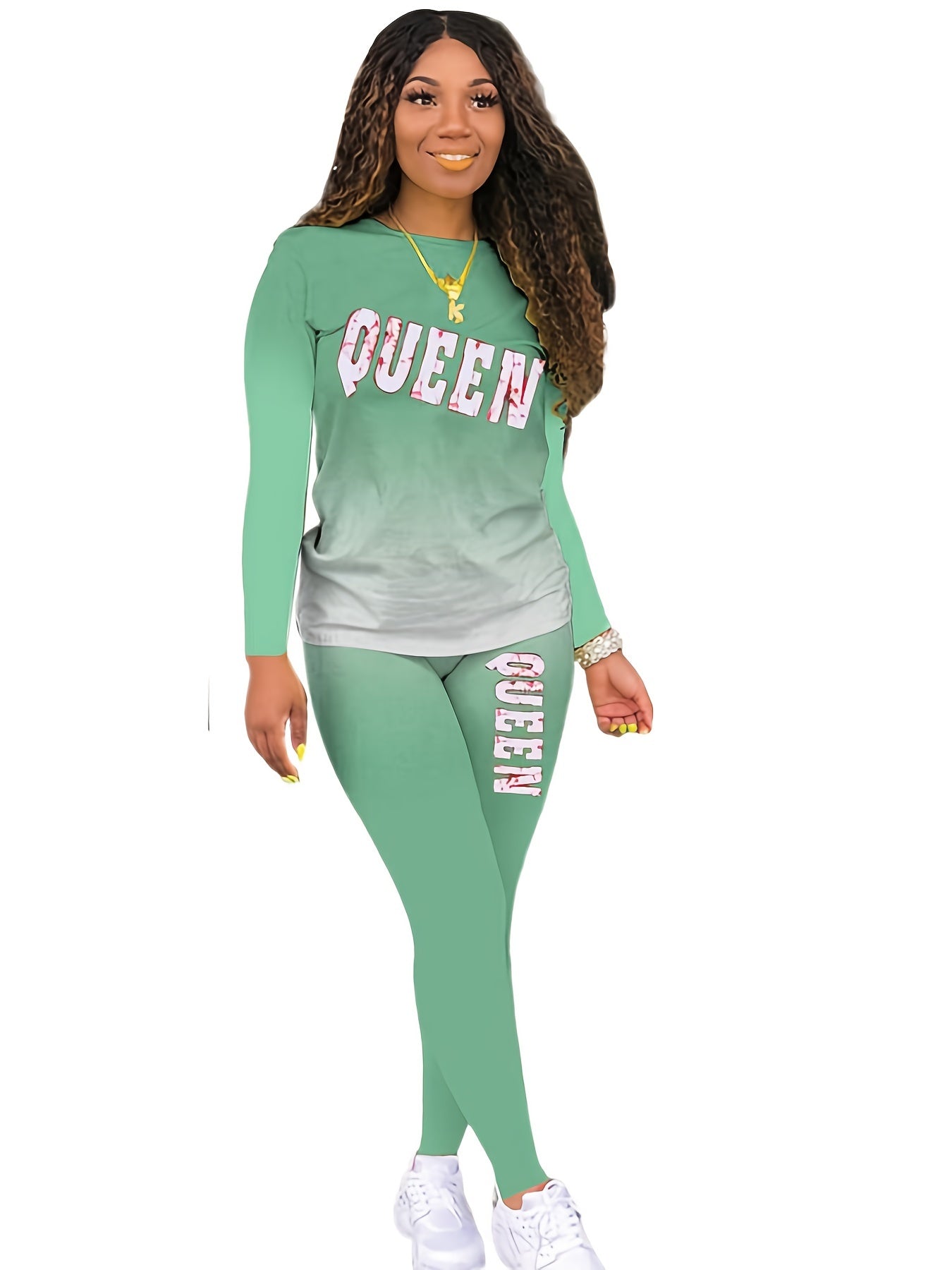  Letter Print Long Sleeve Tee & Skinny Pants Set Women's Plus