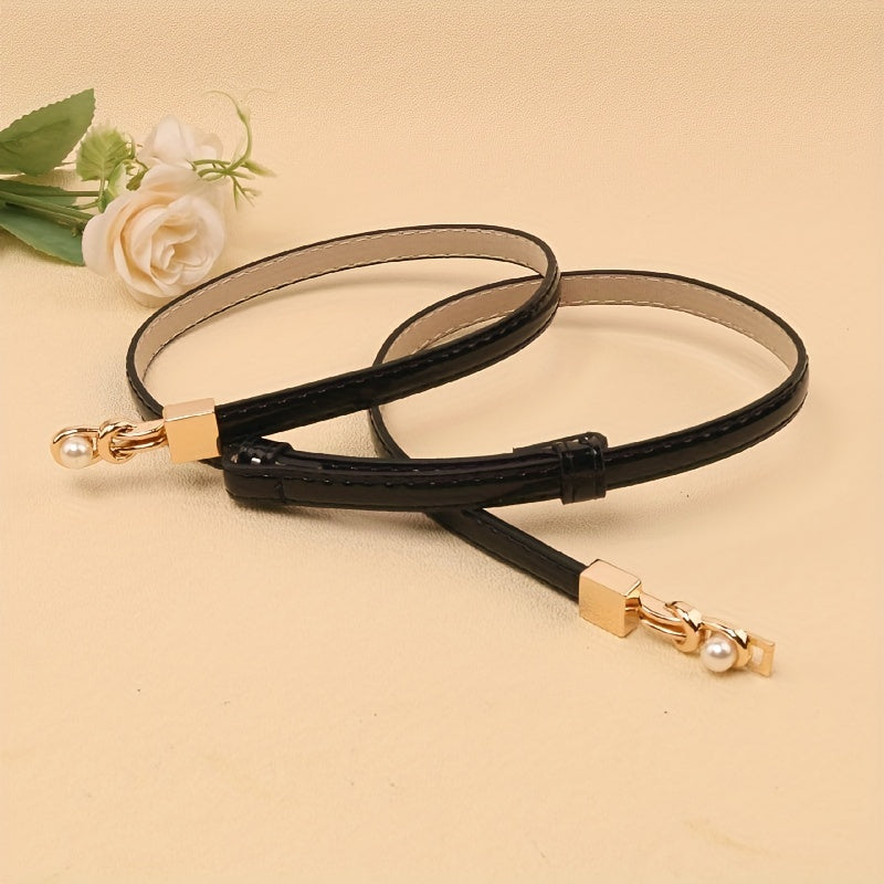 Adjustable PU Leather Belt with Faux Pearl Buckle