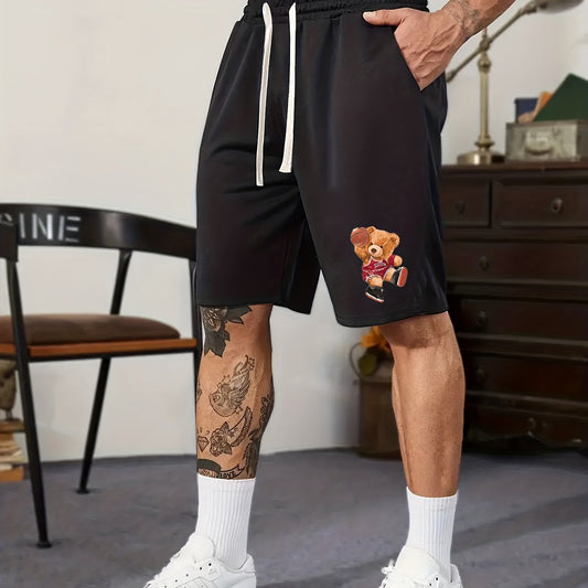 Cartoon Bear Pattern Comfy Shorts Men's Casual Elastic Waist Shorts