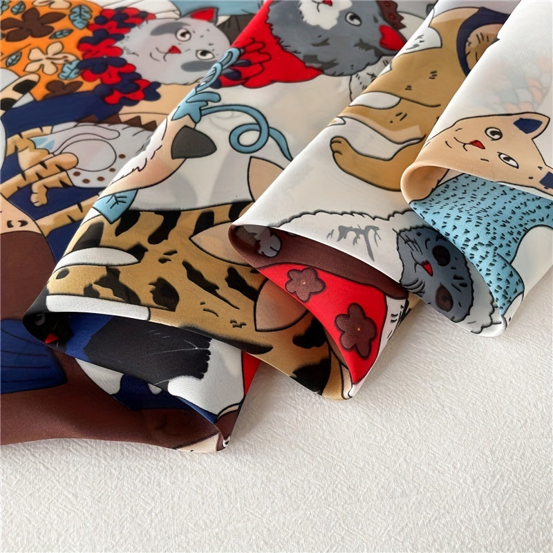 70 0cm Cat Cartoon Pattern Square Scarf Silk Feeling Headband For Women
