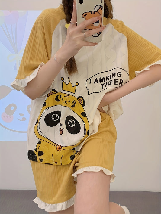 Cartoon Animal Print Pajama Set Short Sleeve Crew Neck Top & Ruffle Shorts