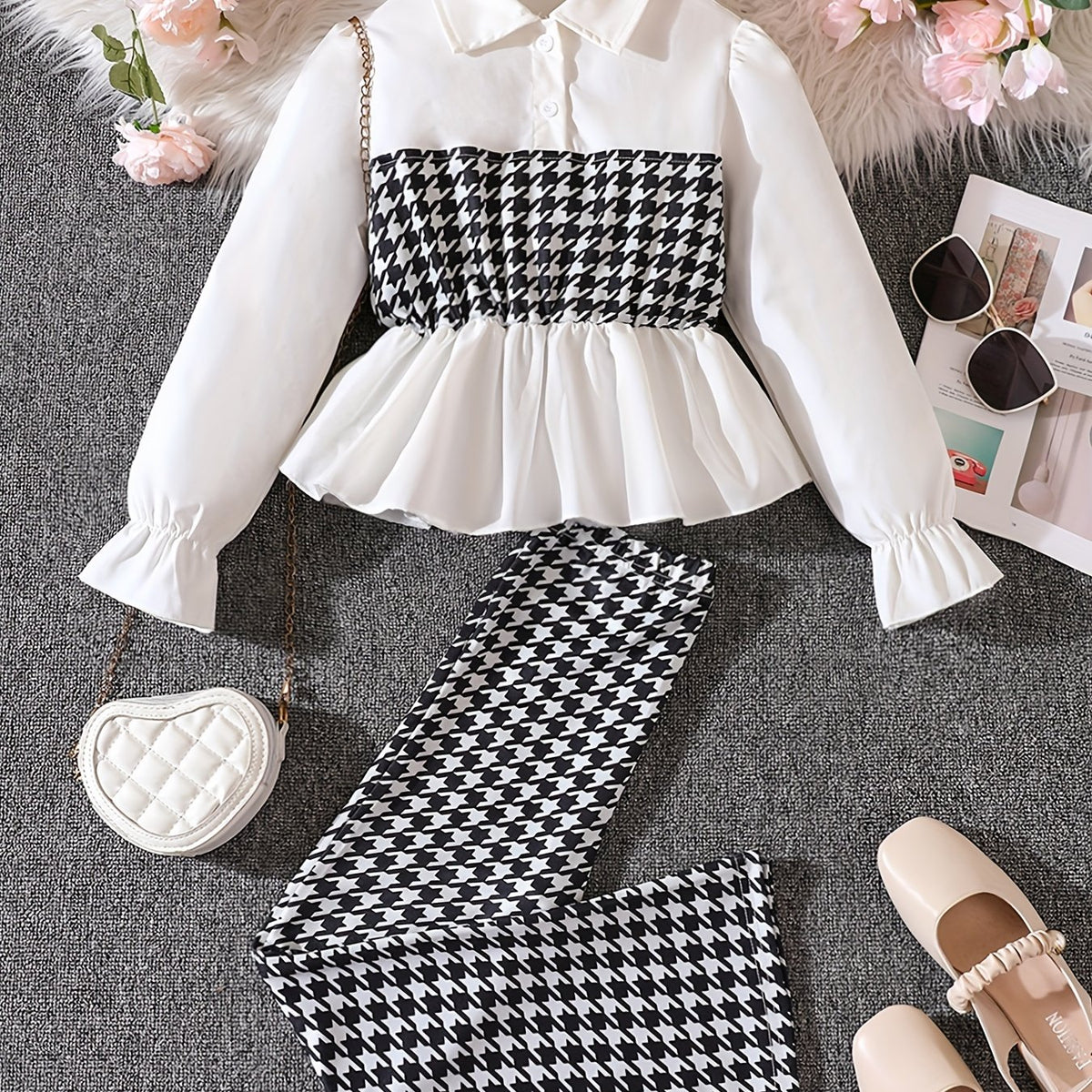 Girl's Houndstooth 2pcs Peplum Shirt & Pants Set