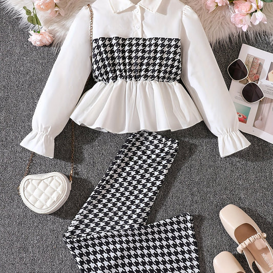 Girl's Houndstooth 2pcs Peplum Shirt & Pants Set
