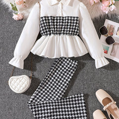 Girl's Houndstooth 2pcs Peplum Shirt & Pants Set