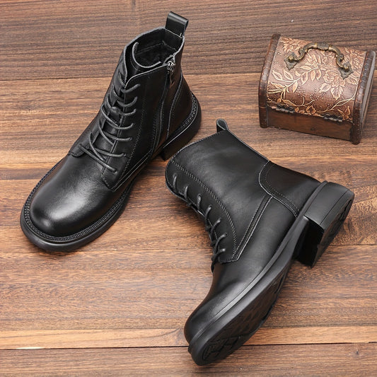 Women's Lace Up Combat Boots Chunky Heel Side Zip Plush Lined
