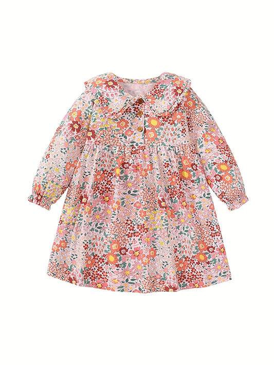 Girls Long Sleeve Pink Floral Button Dress