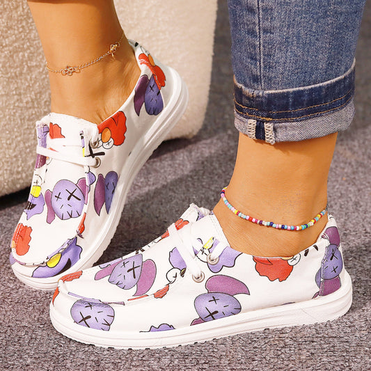 Women's Cartoon Printed Flat Shoes Casual Slip On Canvas Shoes
