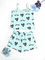 Heart Print Lounge Set Cami Top & Shorts Women's Loungewear
