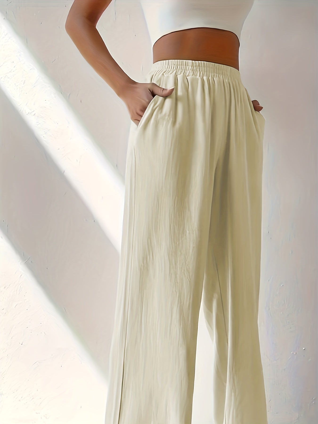  Solid Elastic High Rise Wide Leg Pants With Pockets