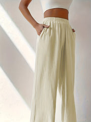  Solid Elastic High Rise Wide Leg Pants With Pockets