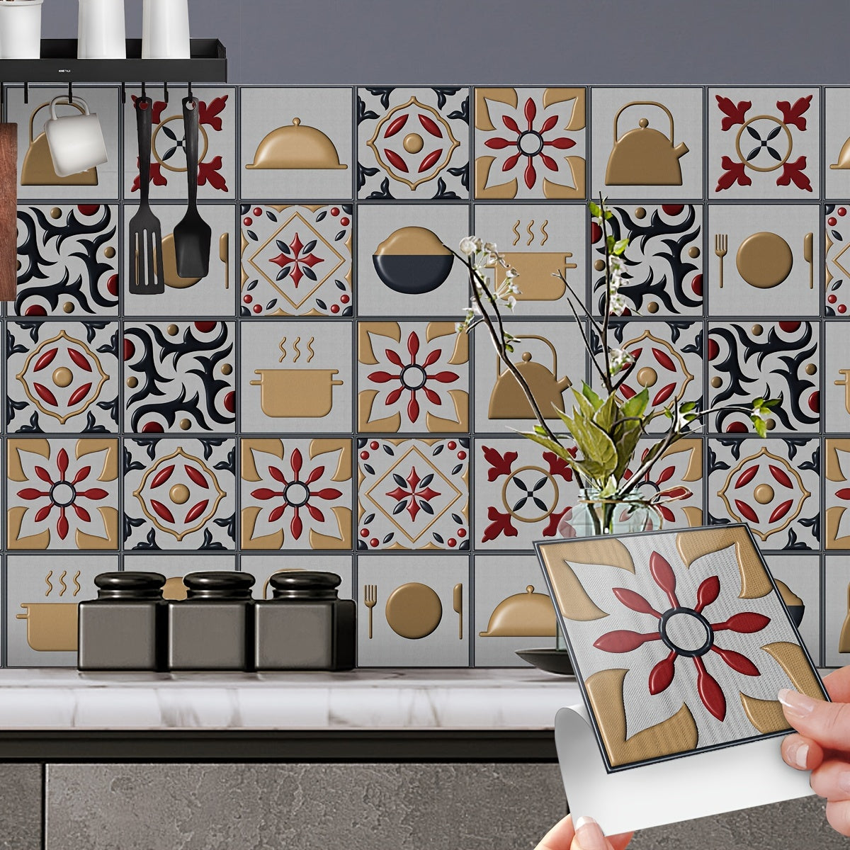 10pcs Vintage Kitchen Tile Sticker Peel Stick Non Slip PVC Wall Sticker