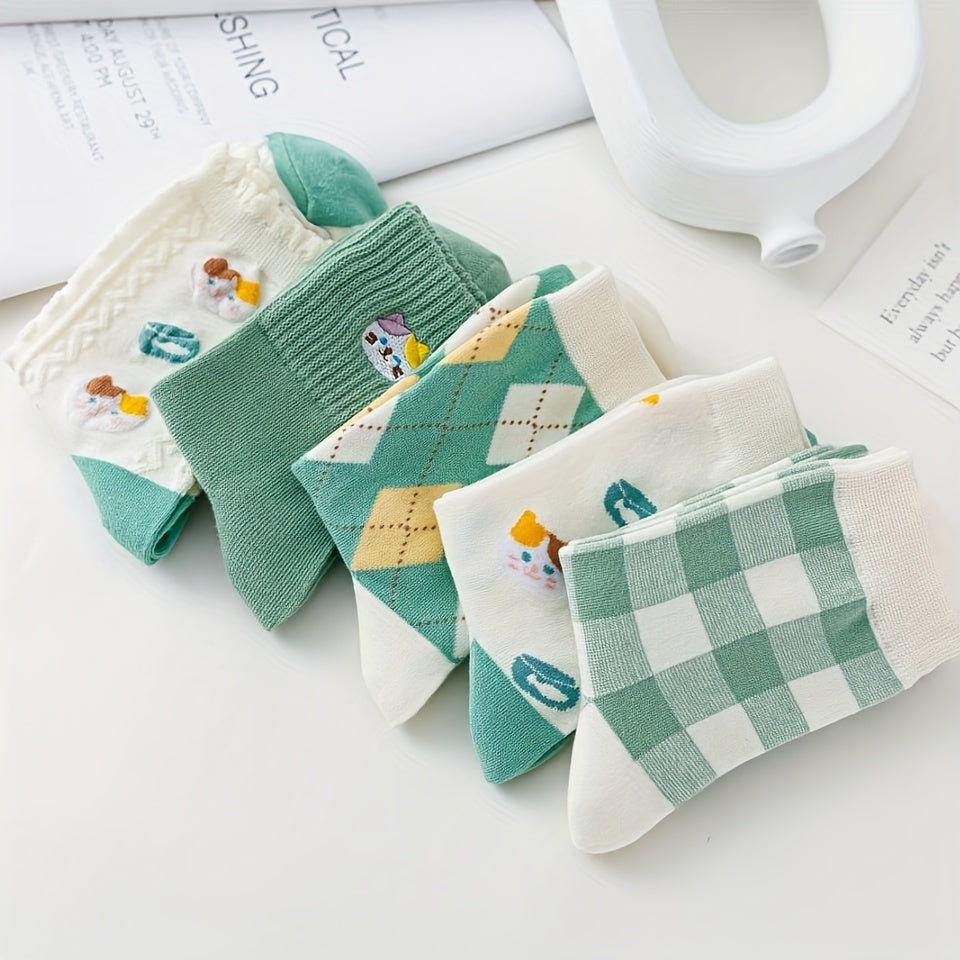 Cat & Plaid Print Socks Women's Mid Tube Stockings