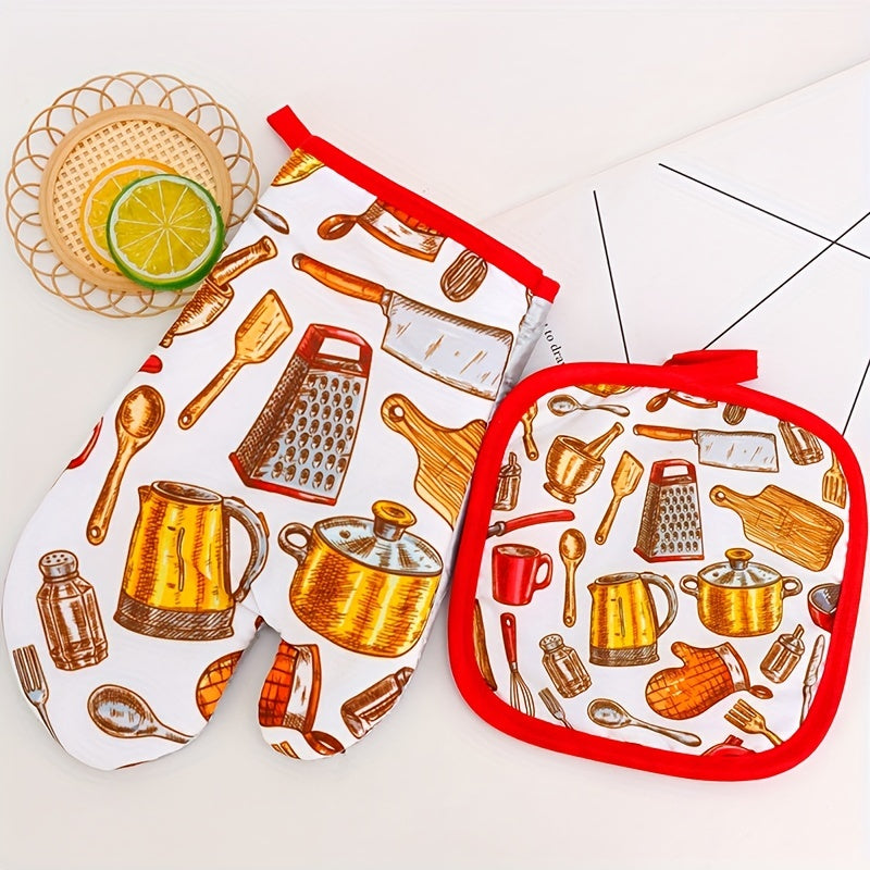 2pcs Oven Mitts Heat Insulation Mat Set Baking Gloves