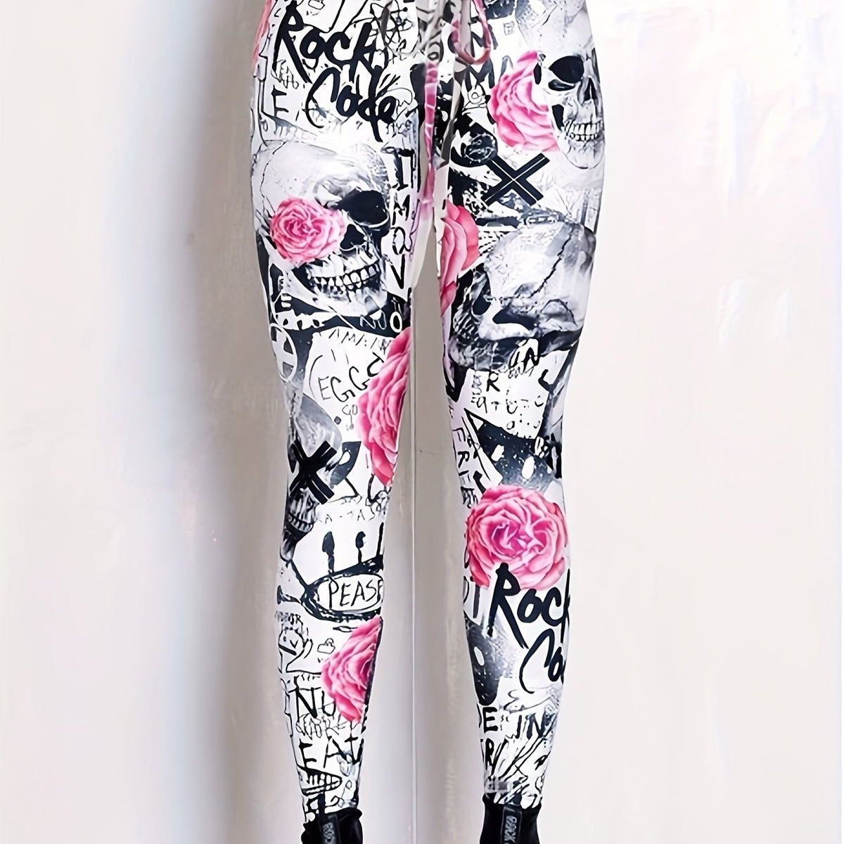  Halloween Gothic Leggings Floral Skull Print Leggings