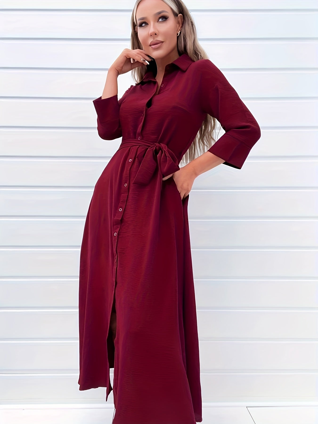 Solid Three Quarter Sleeve Maxi Dress With Belt