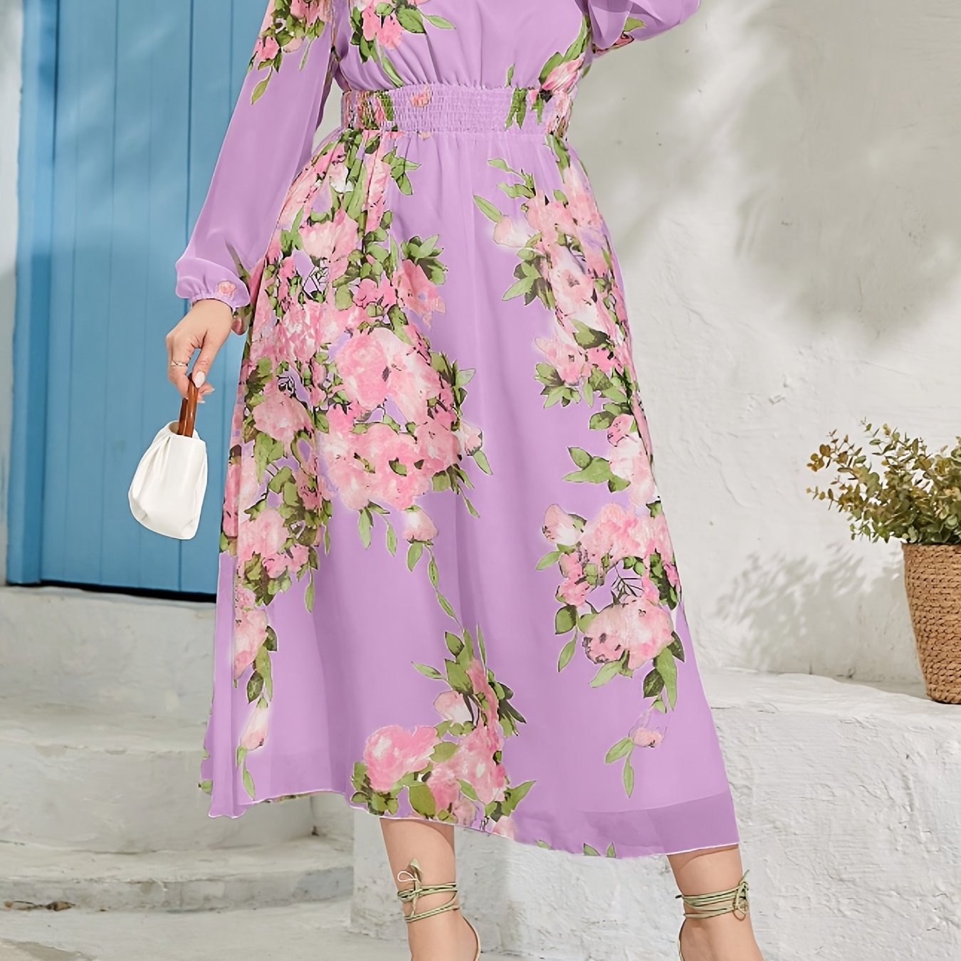  Abaya Dress Floral Print Lantern Sleeve V Neck Maxi Jalabiya Dress