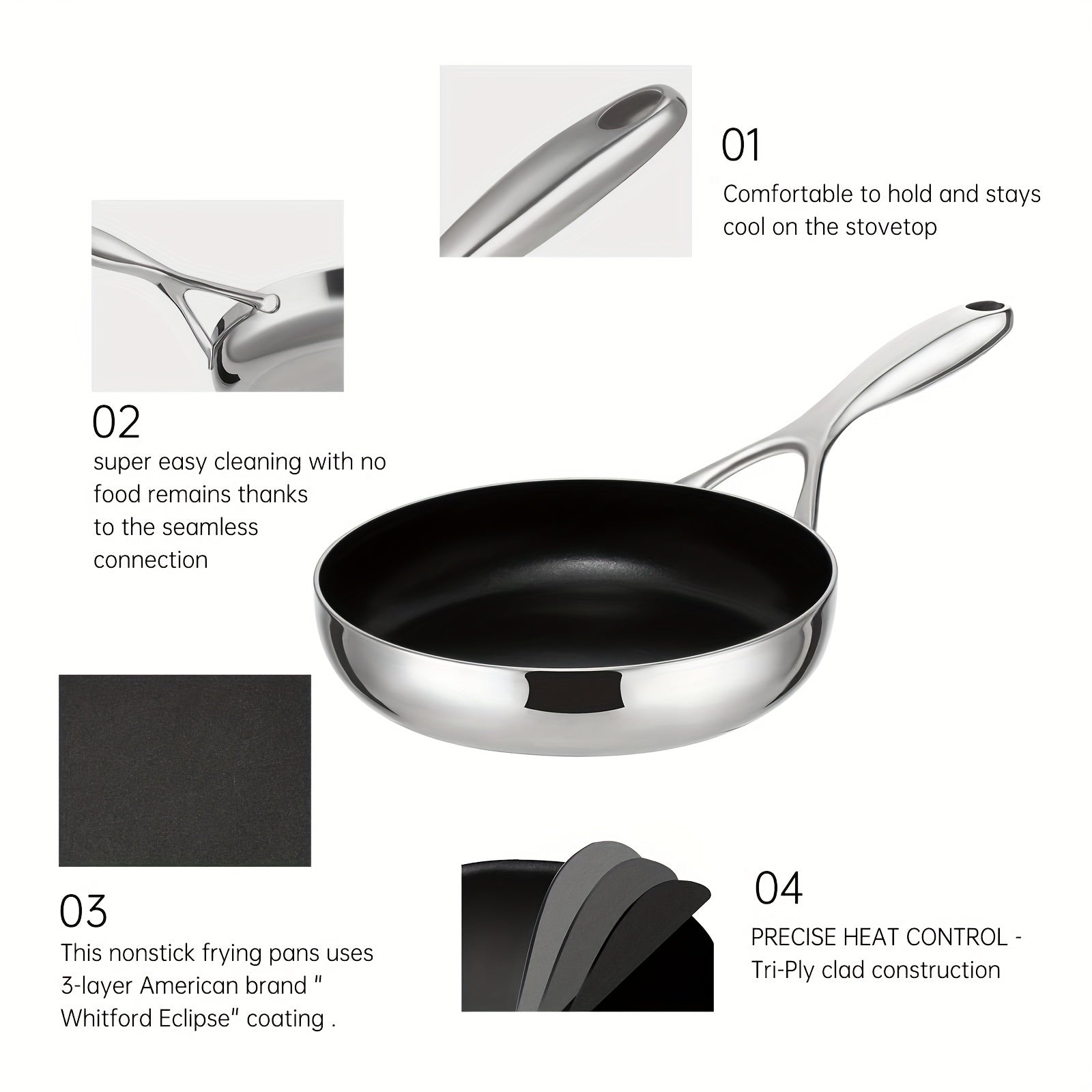 Nonstick Frying Pan With Lid 20 25 30 Stainless Steel Skillet PFOA PFOS