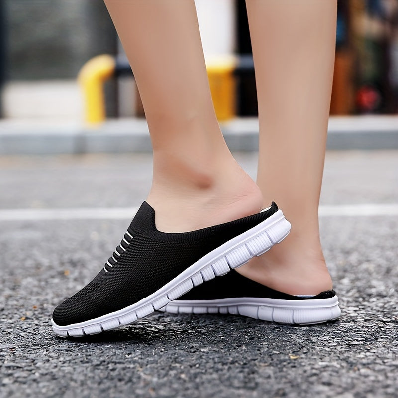 Women's Knit Flat Mules Comfy Solid Closed Toe Non Slip Slides Shoes