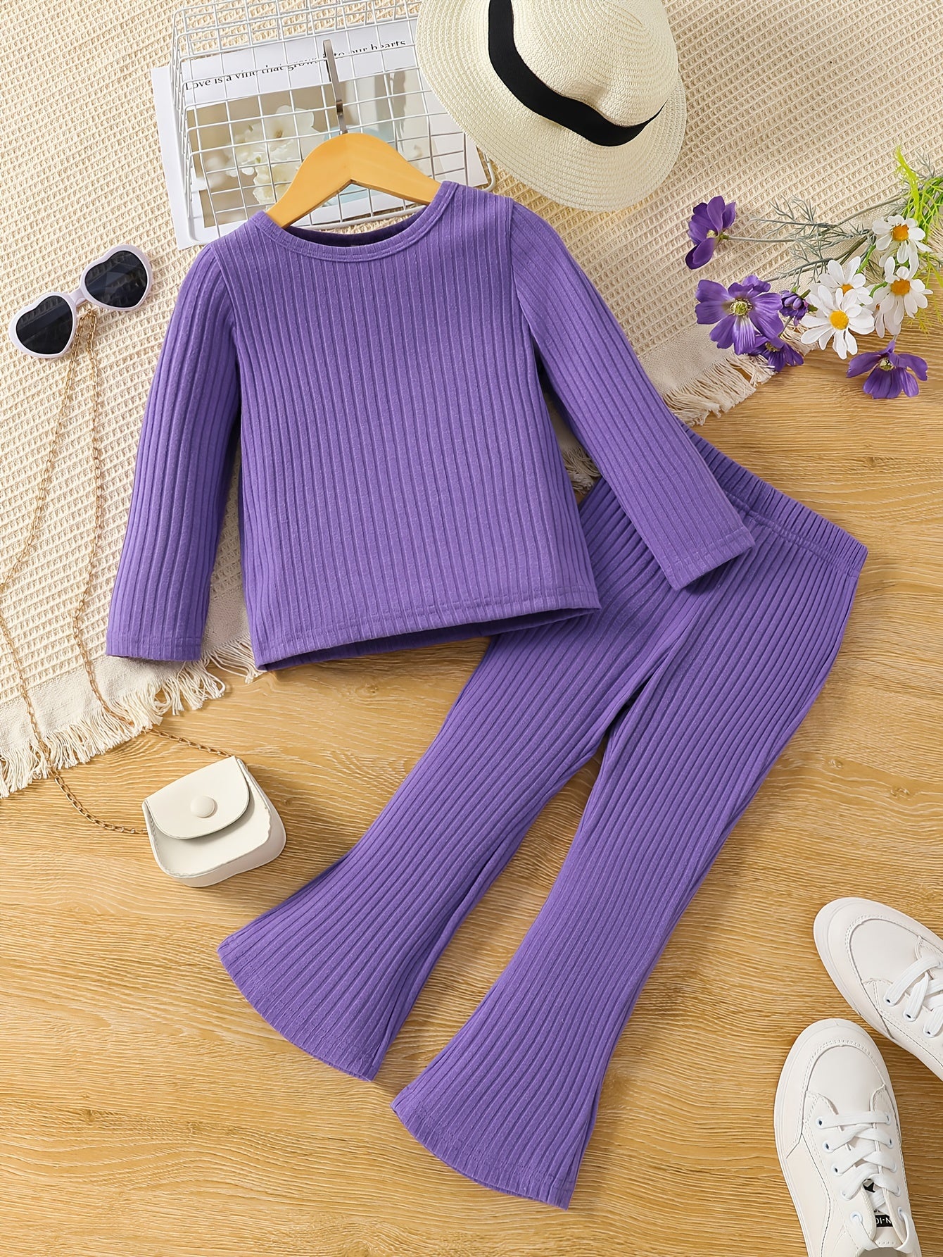 Girl's Ribbed Long Sleeve Top & Flared Pants Set for Spring Fall