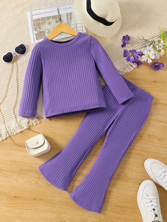Girl's Ribbed Long Sleeve Top & Flared Pants Set for Spring Fall