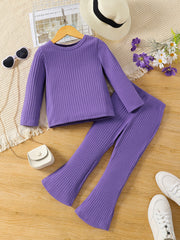 Girl's Ribbed Long Sleeve Top & Flared Pants Set for Spring Fall