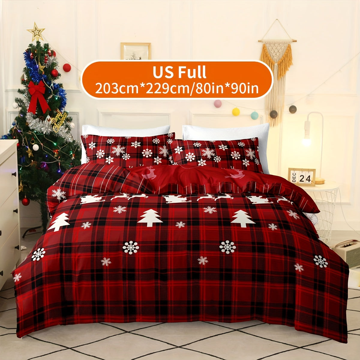Christmas Themed Duvet Cover Set Checkered Elk Snowflake Print Soft & Breathable