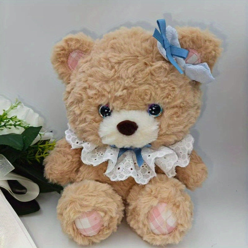 Adorable Brown Bear Plush Toy with Bow & Lace Collar Soft Stuffed Animal Mat