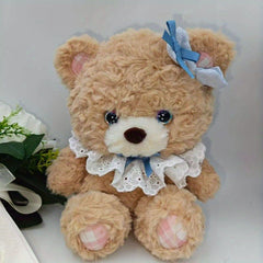Adorable Brown Bear Plush Toy with Bow & Lace Collar Soft Stuffed Animal Mat