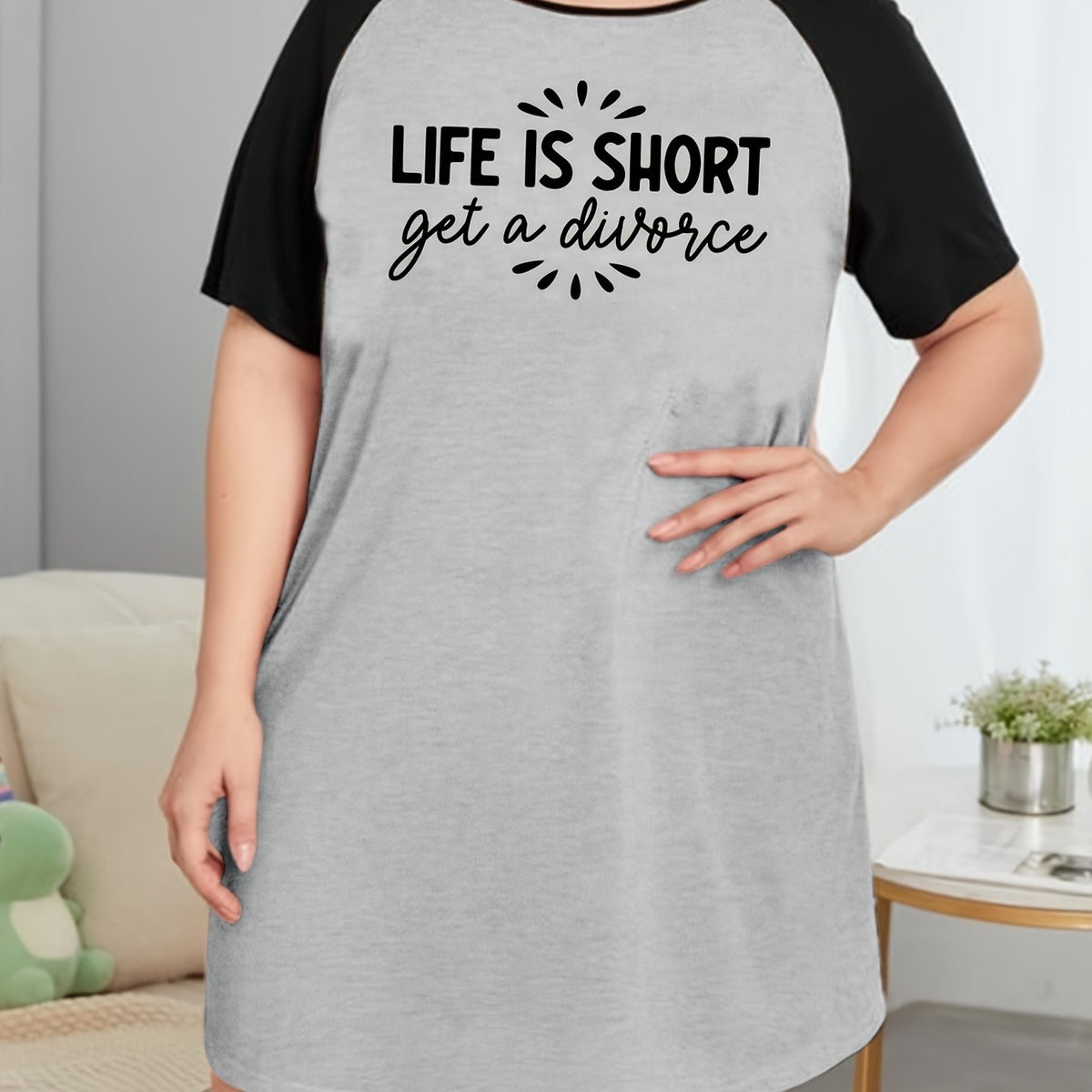  Slogan Print Raglan Sleeve Round Neck Tee Sleep Dress