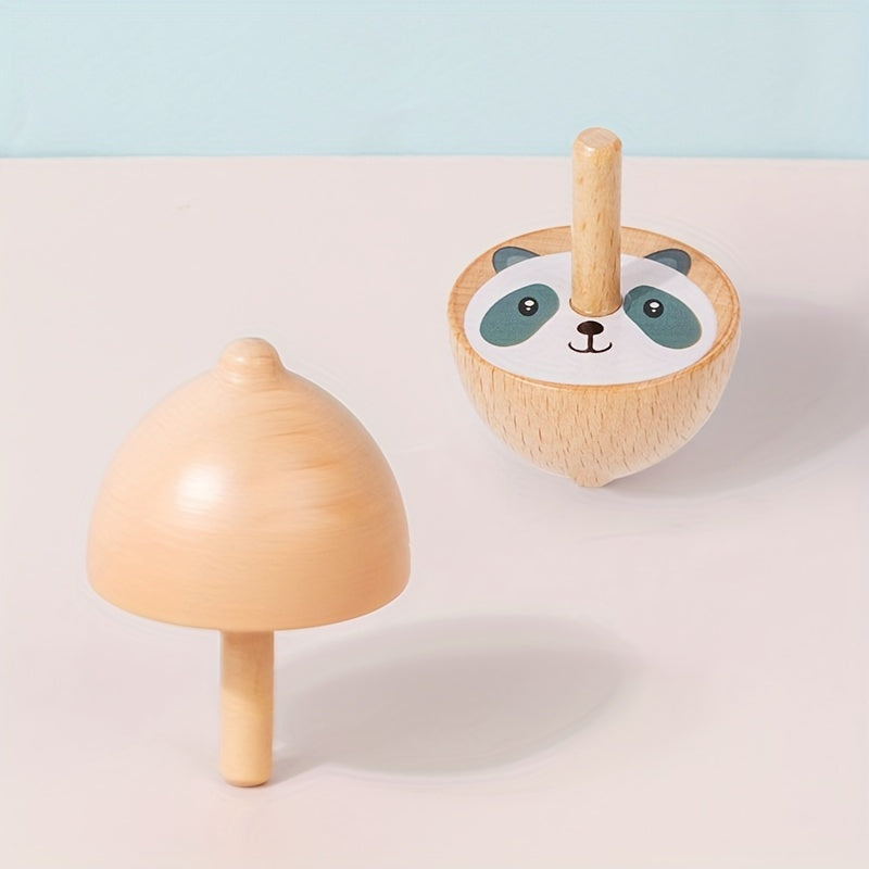 6pcs Wooden Spinning Top Toys Cartoon Fruit Animal Theme Patterns Classic Game