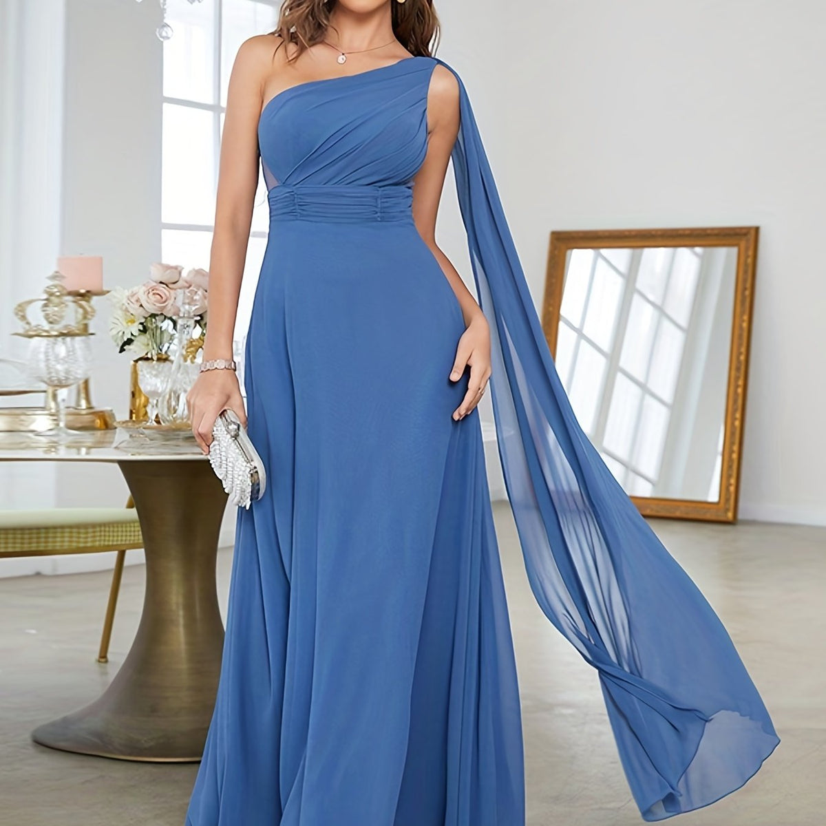 One Shoulder Bridesmaid Dress Ruched Wedding Party Women's Clothing