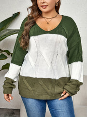 Colorblock Jacquard V Neck Sweater Plus Size
